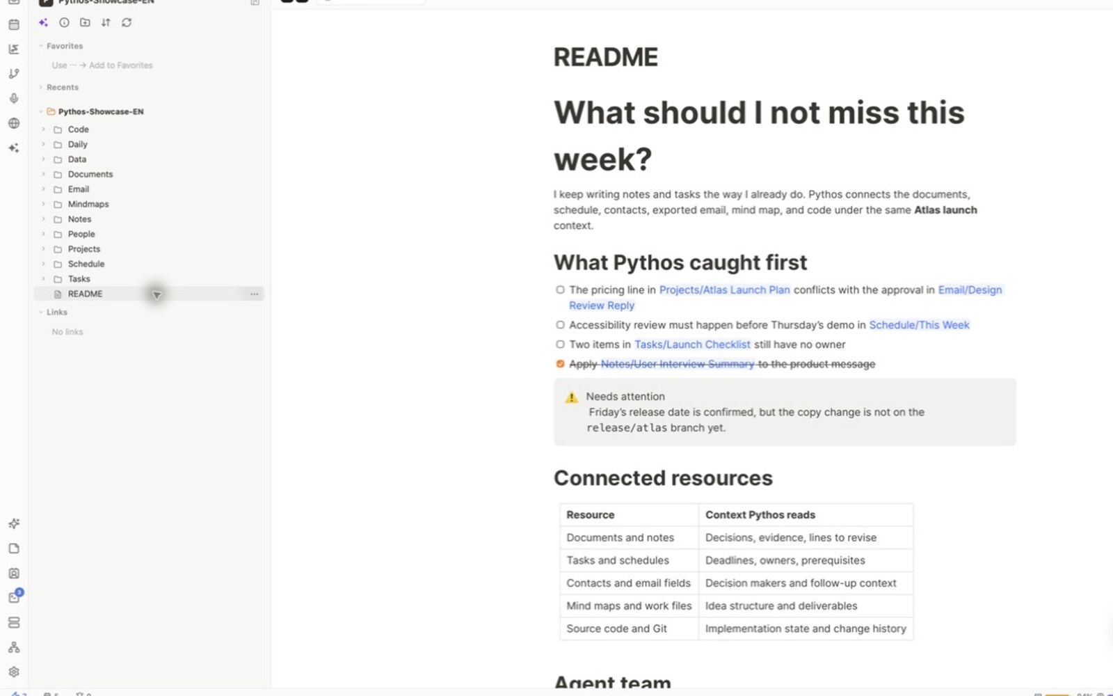 Real PYTHOS screen with an English Markdown document and its connected files open