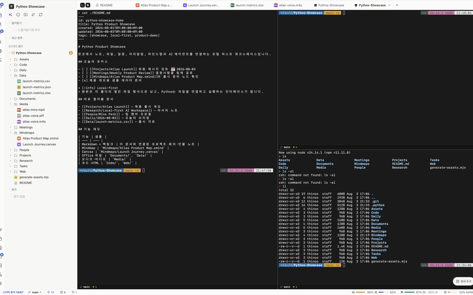 PYTHOS에서 Markdown 파일과 개발 터미널을 함께 연 실제 화면